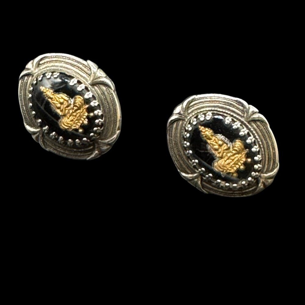 Vintage Earrings Screwbacks Royal Crest Silver Tone & Black Goddess Meditation